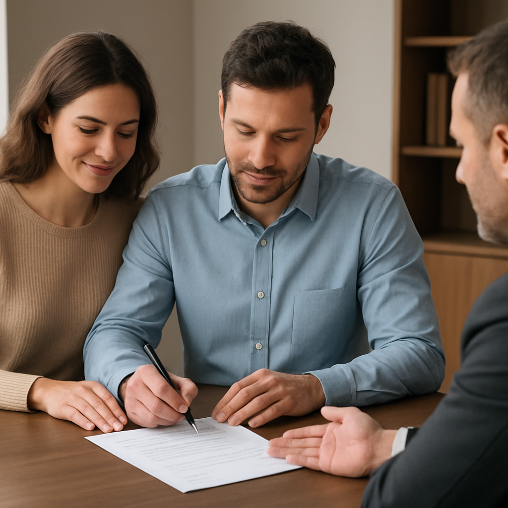 Coppia che firma contratto di acquisto immobiliare