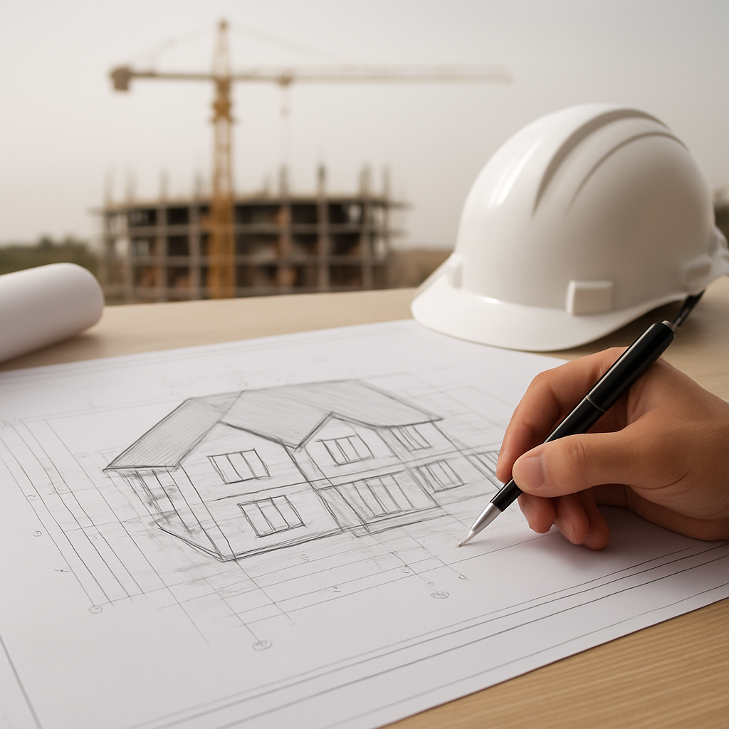 Cantiere e planimetria di progetto residenziale